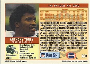 1989 Pro Set #323 Anthony Toney Back