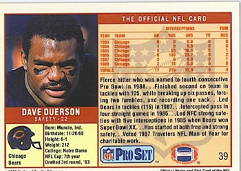 1989 Pro Set #39 Dave Duerson Back