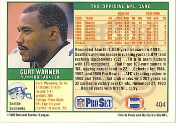1989 Pro Set #404 Curt Warner Back