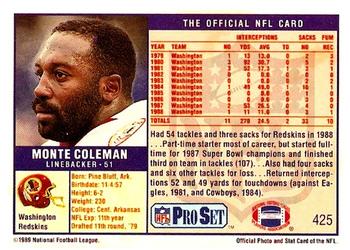 1989 Pro Set #425 Monte Coleman Back