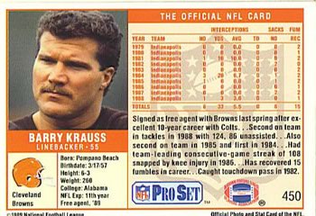 1989 Pro Set #450 Barry Krauss Back