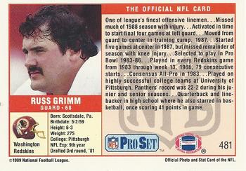 1989 Pro Set #481 Russ Grimm Back