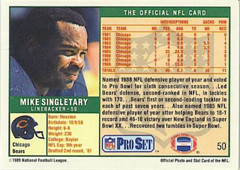 1989 Pro Set #50 Mike Singletary Back