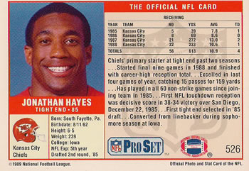 1989 Pro Set #526 Jonathan Hayes Back