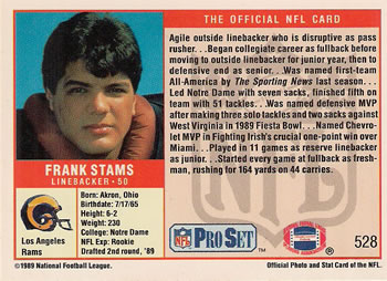 1989 Pro Set #528 Frank Stams Back