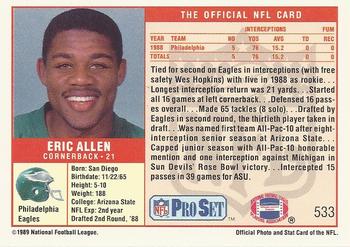 1989 Pro Set #533 Eric Allen Back