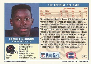 1989 Pro Set #542 Lemuel Stinson Back