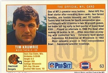 1989 Pro Set #63 Tim Krumrie Back