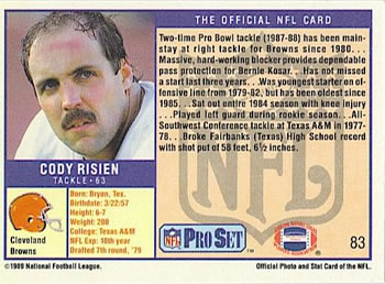 1989 Pro Set #83 Cody Risien Back