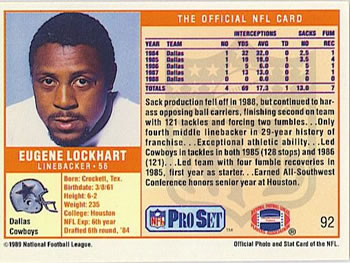 1989 Pro Set #92 Eugene Lockhart Back