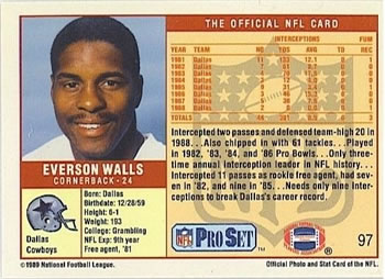 1989 Pro Set #97 Everson Walls Back