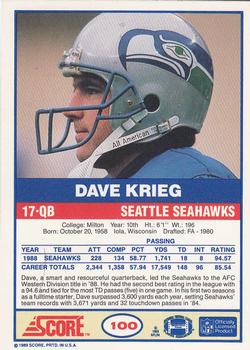 1989 Score #100 Dave Krieg Back