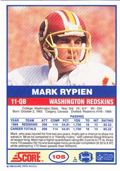 1989 Score #105 Mark Rypien Back