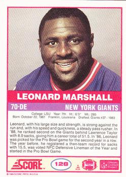 1989 Score #128 Leonard Marshall Back