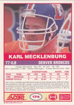 1989 Score #174 Karl Mecklenburg Back
