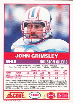 1989 Score #182 John Grimsley Back