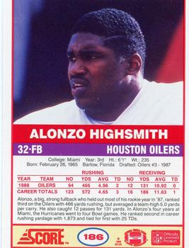 1989 Score #186 Alonzo Highsmith Back