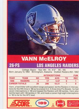 1989 Score #189 Vann McElroy Back
