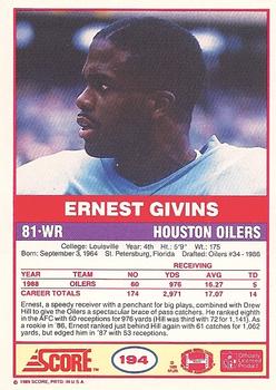 1989 Score #194 Ernest Givins Back