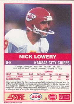 1989 Score #208 Nick Lowery Back