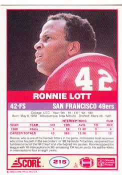 1989 Score #215 Ronnie Lott Back