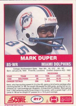 1989 Score #217 Mark Duper Back