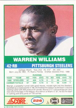 1989 Score #226 Warren Williams Back