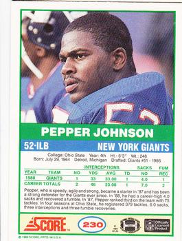 1989 Score #230 Pepper Johnson Back