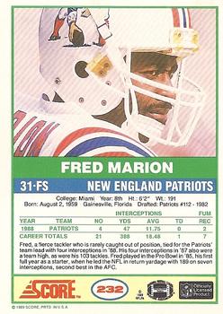 1989 Score #232 Fred Marion Back