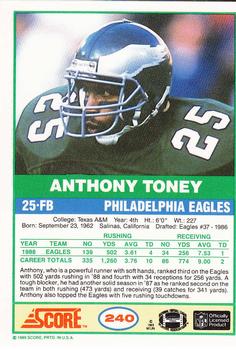 1989 Score #240 Anthony Toney Back