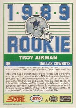 1989 Score #270 Troy Aikman Back