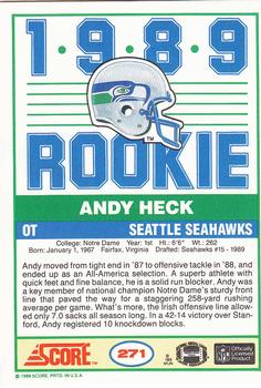 1989 Score #271 Andy Heck Back