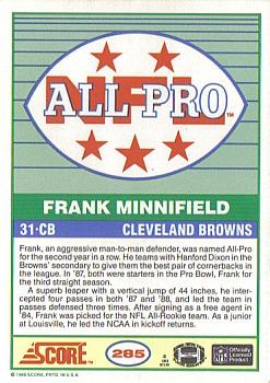 1989 Score #285 Frank Minnifield Back