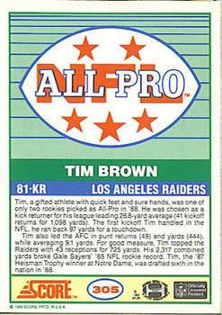 1989 Score #305 Tim Brown Back