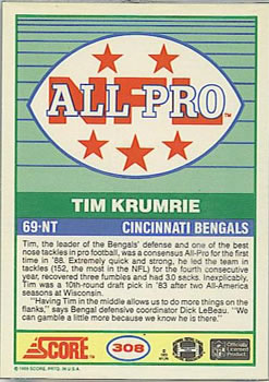 1989 Score #308 Tim Krumrie Back