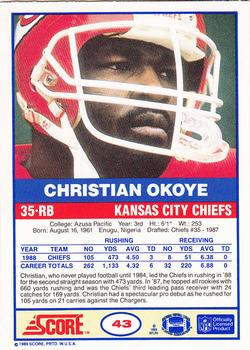1989 Score #43 Christian Okoye Back