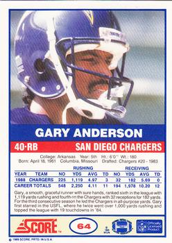 1989 Score #64 Gary Anderson Back