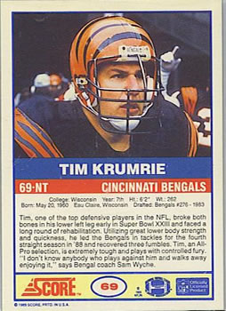 1989 Score #69 Tim Krumrie Back