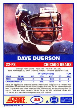 1989 Score #22 Dave Duerson Back