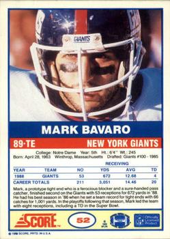 1989 Score #52 Mark Bavaro Back