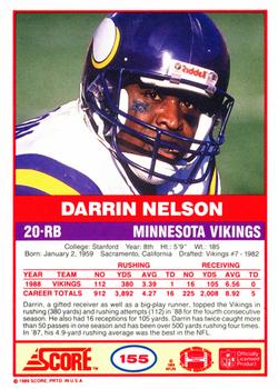1989 Score #155 Darrin Nelson Back