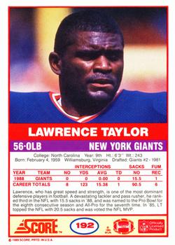 1989 Score #192 Lawrence Taylor Back