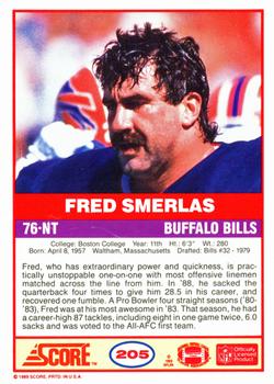 1989 Score #205 Fred Smerlas Back