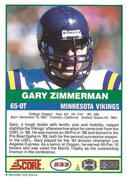 1989 Score #233 Gary Zimmerman Back