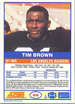 1989 Score #86 Tim Brown Back