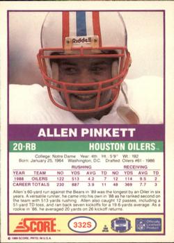 1989 Score Supplemental #332S Allen Pinkett  Back
