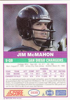 1989 Score Supplemental #353S Jim McMahon  Back