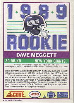 1989 Score Supplemental #428S Dave Meggett  Back
