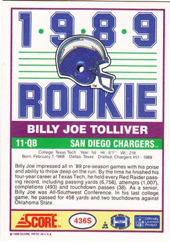 1989 Score Supplemental #436S Billy Joe Tolliver  Back