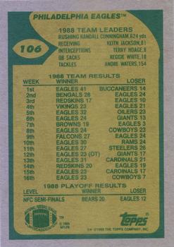 1989 Topps #106 Eagles Team Leaders (Cunningham Fakes the Field) Back